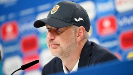 FRANKFURT AM MAIN, GERMANY - JUNE 26: Edward Iordanescu, Head Coach of Romania, speaks to the media in a post match press conference after the UEFA EURO 2024 group stage match between Slovakia and Romania at Frankfurt Arena on June 26, 2024 in Frankfurt am Main, Germany. (Photo by Harriet Lander - UEFA/UEFA via Getty Images)