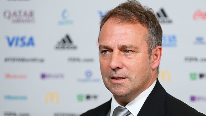 DOHA, QATAR - APRIL 01: Hansi Flick, Head Coach of Germany speaks in the Mixed Zone after the FIFA World Cup Qatar 2022 Final Draw at the Doha Exhibition Center on April 01, 2022 in Doha, Qatar. (Photo by Michael Regan - FIFA/FIFA via Getty Images)