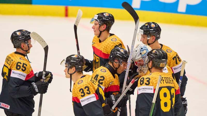 Philipp GRUBAUER Goalie Nr.30 of Germany John-Jason (JJ) Peterka Nr.33 of Germany NHL, Eishockey Herren, USA Buffalo Sabres) Leonard Leo Pföderl Nr. 83 of Germany Yasin EHLIZ Nr. 42 of Germany Marc MICHAELIS Nr.65 of Germany celebrate after the preliminary round match GERMANY - FRANCE 6-3 of the IIHF Ice hockey, Eishockey World Championship, WM, Weltmeisterschaft Group B in Ostrava, Czechia, May 21, 2024, Season 2023 2024