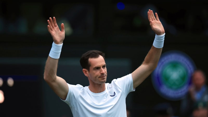 Andy Murray of United Kingdom waves his hands following the Men's Doubles First Round match against Rinky Hijikata and John Peers of Australia on the day 4 of the Wimbledon tennis championships at the All England Lawn Tennis and Croquet Club in London on July 4, 2024. ( The Yomiuri Shimbun via AP Images )