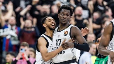 MUNICH, GERMANY - JANUARY 20: Cameron Payne (Partizan Mozzart Bet Belgrade, 15) and Isaac Bonga (Partizan Mozzart Bet Belgrade, 17) smile after winning the Turkish Airlines EuroLeague match between FC Bayern Muenchen vs. Partizan Mozzart Bet Belgrade at SAP Garden on round 23 of Turkish Airlines EuroLeague on January 20, 2026 in Munich, Germany. Bavaria Germany Copyright: xSteffiexWunderlx