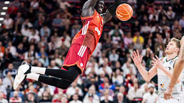 MUNICH, GERMANY - MAY 19: Wenyen Gabriel (FC Bayern Muenchen, 32) hanging on the basket after a dunk during the easyCredit Basketball Bundesliga Playoffs Quarterfinal Game 2 between FC Bayern Muenchen vs. Vet-Concept Gladiators Trier at SAP Garden on match 2 of the Playoffs Quarterfinals Best of Five of easyCredit Basketball Bundesliga on May 19, 2026 in Munich, Germany. Bavaria Germany Copyright: xSteffiexWunderlx