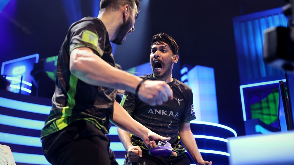 COPENHAGEN, DENMARK - JULY 21: Abdulrahman Nasser Ali Al Katheri (Abushouq) of ANKAAEsports and Majed Abdullah Al Rasheed (Mar) of ANKAAEsports celebrates after scoring goal during Group C match between ORDER and ANKAAEsports as part of the FIFAe Club World Cup 2022 on July 21, 2022 in Copenhagen, Denmark. (Photo by Joosep Martinson - FIFA/FIFA via Getty Images)