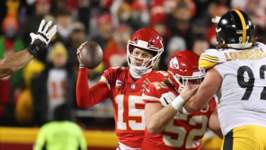 KANSAS CITY, MO - JANUARY 16: Kansas City Chiefs quarterback Patrick Mahomes (15) pump fakes from the pocket in the first quarter of an AFC wild card playoff game between the Pittsburgh Steelers and Kansas City Chiefs on Jan 16, 2022 at GEHA Field at Arrowhead Stadium in Kansas City, MO. (Photo by Scott Winters/Icon Sportswire via Getty Images)