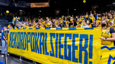BERLIN, GERMANY - FEBRUARY 20: Fan-Banner from the Alba Berlin fans after the BBL cup match between ALBA Berlin and HAKRO Merlins Crailsheim on February 20, 2022 in Berlin, Germany. (Photo from Moritz Eden/City-Press GmbH via Getty Images)