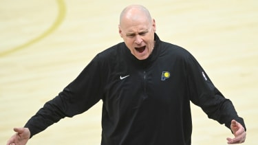 Apr 13, 2025; Cleveland, Ohio, USA; Indiana Pacers head coach Rick Carlisle reacts in the third quarter against the Cleveland Cavaliers at Rocket Arena. Mandatory Credit: David Richard-Imagn Images