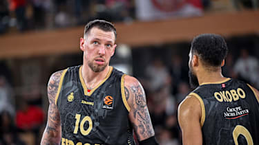 Basketball Euroleague - AS Monaco vs Virtus Bologna - Monaco 10 Daniel Theis and 0 Elie Okobo of Monaco seen during the Turkish Airlines Euroleague round 25 between AS Monaco and Virtus Bologna in salle Gaston Medecin in Monaco on january 30, 2026. Photo by Laurent Coust ABACAPRESS.COM Monaco Monaco PUBLICATIONxNOTxINxFRAxUK Copyright: xCoustxLaurent ABACAx