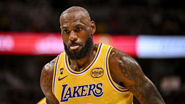 DENVER , CO - MARCH 5: LeBron James (23) of the Los Angeles Lakers licks his chops with the all-time field goal record sits within reach during the first quarter against the Denver Nuggets at Ball Arena in Denver, Colorado on Thursday, March 5, 2026. (Photo by AAron Ontiveroz/The Denver Post)