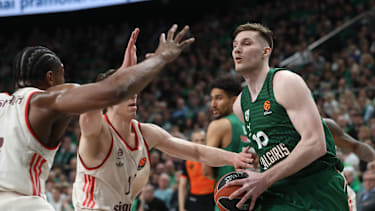 KAUNAS, LITHUANIA - MARCH 24: Azuolas Tubelis, #10 of Zalgiris Kaunas in action during the EuroLeague Regular Season Round 33 match between Zalgiris Kaunas and FC Bayern Munich at Zalgirio Arena on March 24, 2026 in Kaunas, Lithuania. (Photo by Alius Koroliovas/Euroleague Basketball via Getty Images)