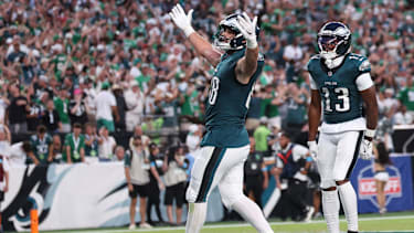 Sep 13, 2026; Philadelphia, Pennsylvania, USA;  Philadelphia Eagles tight end Dallas Goedert (88) and Philadelphia Eagles wide receiver Dontayvion Wicks (13) celebrate after a touchdown against the Washington Commanders during the second half at Lincoln Financial Field.  Mandatory Credit: Bill Streicher-Imagn Images