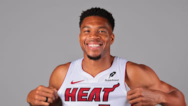 Sep 28, 2026; Miami, FL, USA; Miami Heat forward Giannis Antetokounmpo (7) poses for a photo during media day at Kaseya Center. Mandatory Credit: Sam Navarro-Imagn Images