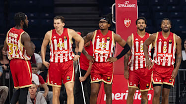 Crvena Zvezda Meridianbet Belgrade v Zalgiris Kaunas - Euroleague 2025 2026 from left Semi Ojeleye, 37 of Crvena Zvezda Meridianbet Belgrade, David Kramer, 44 of Crvena Zvezda Meridianbet Belgrade, Chima Moneke, 95 of Crvena Zvezda Meridianbet Belgrade, Nick Weiler-Babb, 3 of Crvena Zvezda Meridianbet Belgrade and Jared Butler, 6 of Crvena Zvezda Meridianbet Belgrade during 2026 2027 EuroLeague Round 1 match between Crvena Zvezda Meridianbet Belgrade and Zalgiris Kaunas at Belgrade Arena on September 24, 2026 in Belgrade, Serbia. Belgrade Serbia Copyright: xVatroslavxHladnyx x