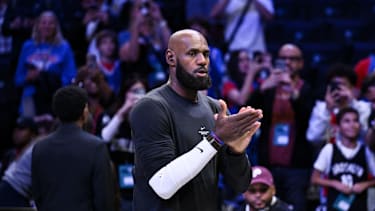 Oct 8, 2026; Brooklyn, New York, USA;  Philadelphia 76ers forward Lebron James (23) warms up before a game against the Brooklyn Nets at Barclays Center.  Mandatory Credit: John Jones-Imagn Images