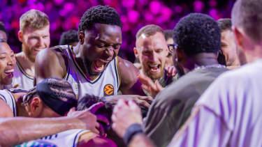 DUBAI, UNITED ARAB EMIRATES - DECEMBER 12: Dubai Basketball team enthusiastically celebrate their narrow win after the EuroLeague Regular Season Round 15 match between Dubai Basketball and FC Bayern Munich at Coca-Cola Arena on December 12, 2025 in Dubai, United Arab Emirates. (Photo by Charles Verghese/Euroleague Basketball via Getty Images)