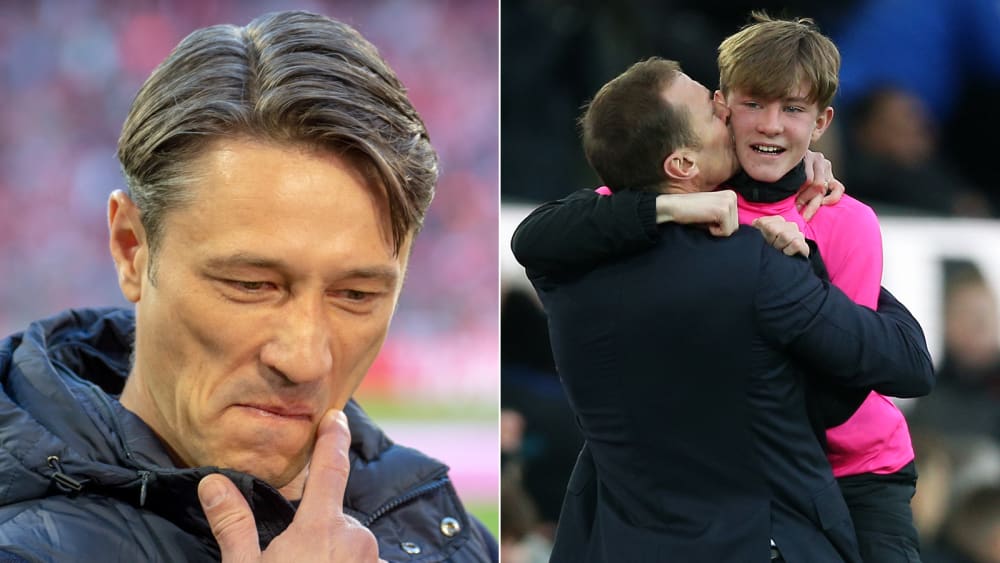 Evertons Interimstrainer Duncan Ferguson herzt einen Balljungen nach dem Tor zum 3:1 - im Stadion war auch Niko Kovac.