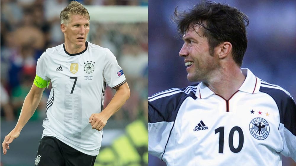 Bastian Schweinsteiger (li.) und Lothar Matthäus im Dress der Nationalmannschaft.