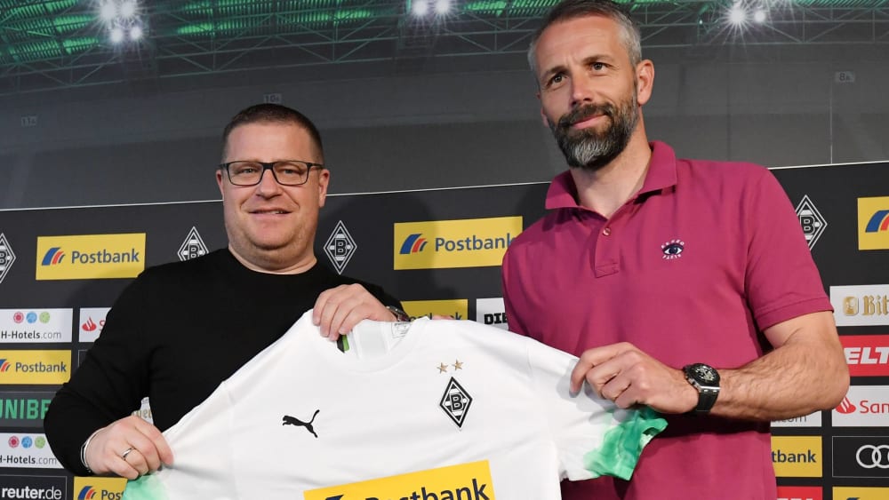 Max Eberl (l.) mit Marco Rose am 29. Mai