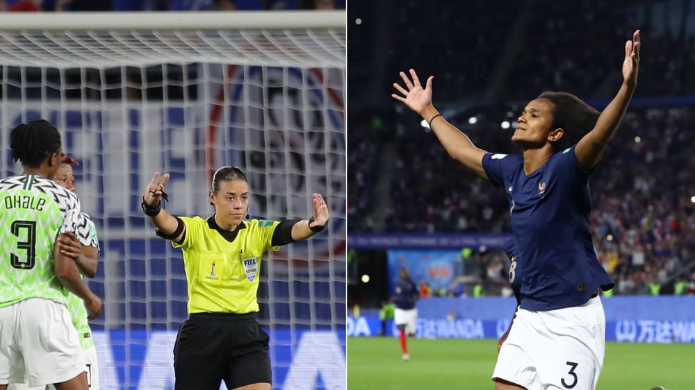 Die Nigerianerinnen beschweren sich bei FIFA-Referee Melissa Borjas, Frankreich feiert indes Matchwinnerin Wendie Renard.