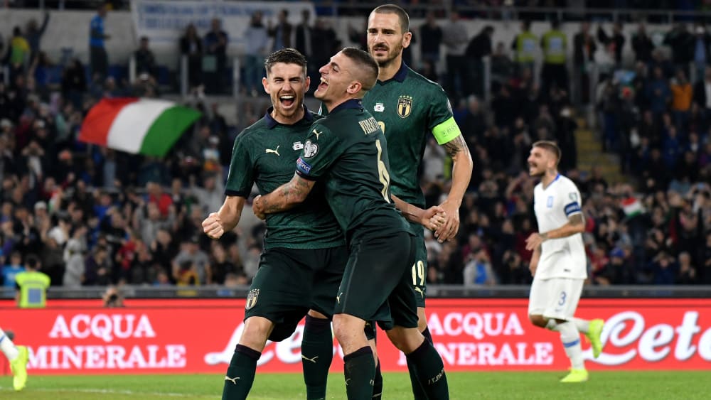 Italienischer Jubel: Jorginho, Marco Verratti und Leonardo Bonucci (v.l.) nach dem 1:0.