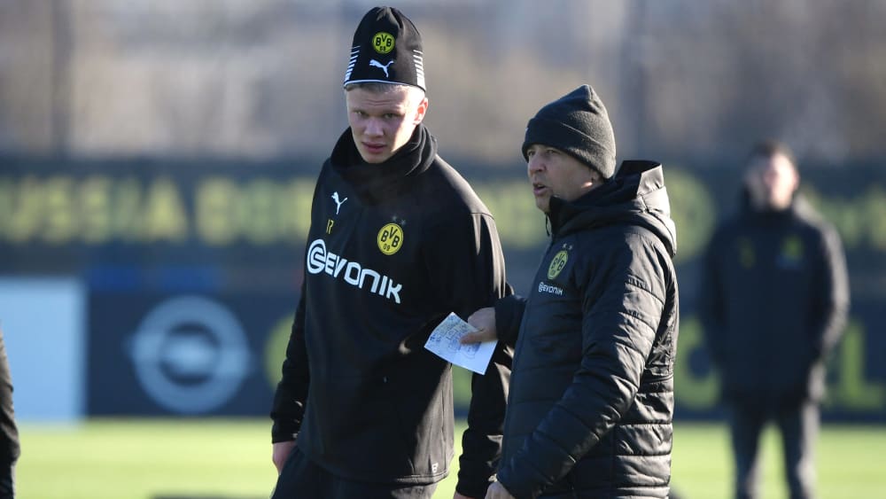 Dortmunder Mützenmänner: Trainer Lucien Favre und Stürmer Erling Haaland.