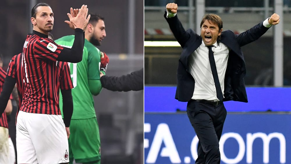 Milan-Stürmer Zlatan Ibrahimovic (l.) und Inter-Coach Antonio Conte sind angriffslustig