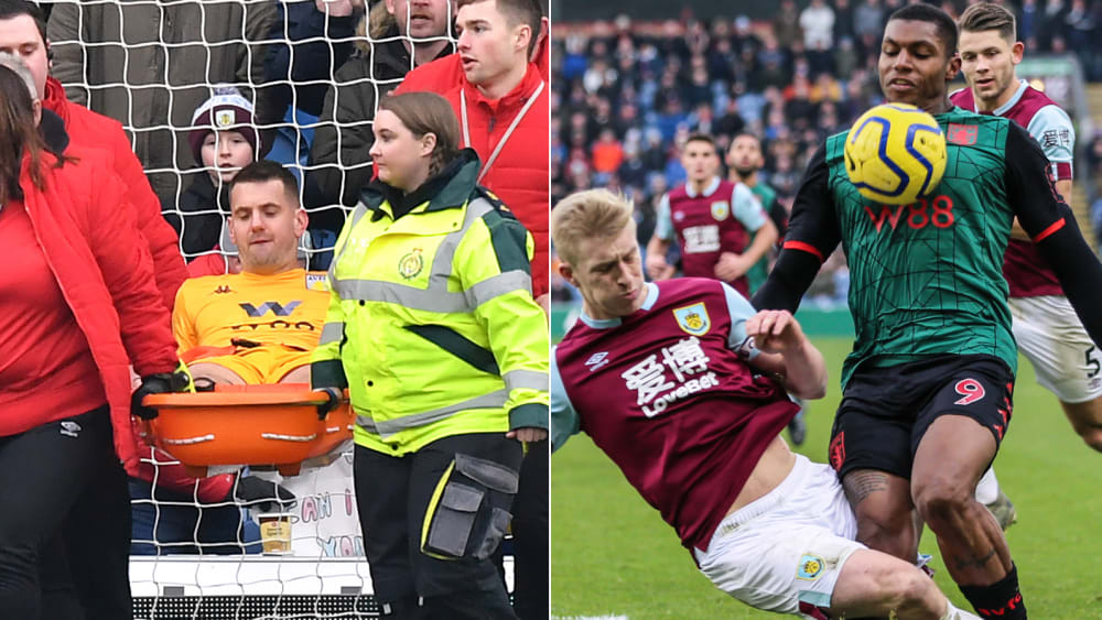 Tom Heaton (l.) musste in Burnley abtransportiert werden, Wesley (r.) musste nach diesem Foul von Ben Mee seine Saison vorzeitig beenden