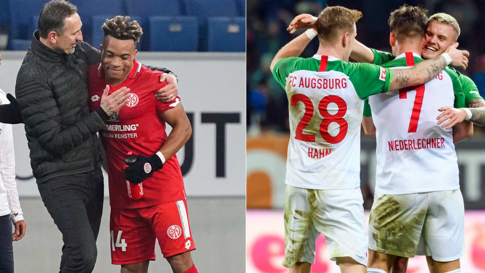 Beierlorzer herzt Doppeltorschütze Kunde, die Augsburger jubeln das 4:0 gegen die Hertha.